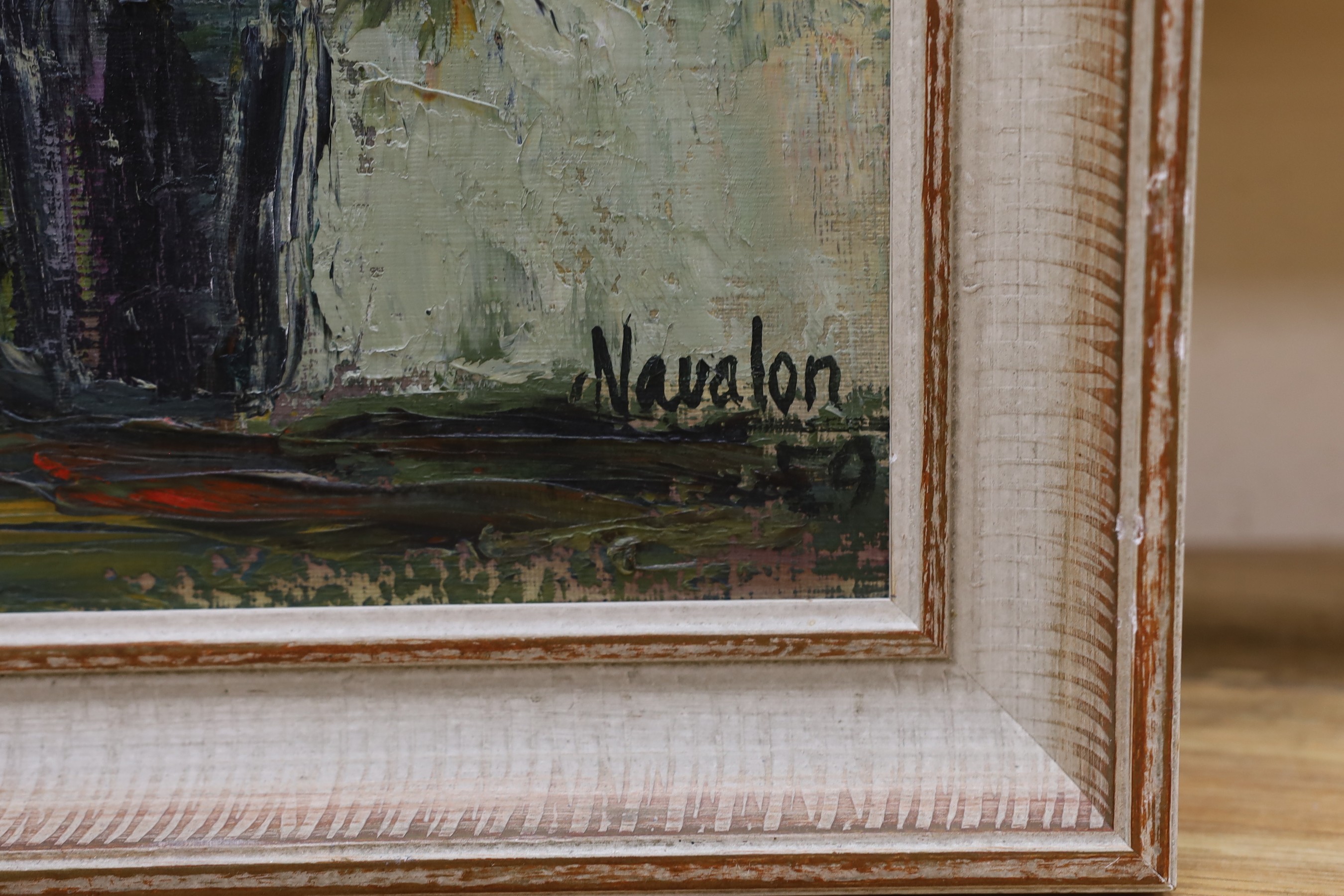 Navalon (French, 1950's), oil on board, Still life of flowers, signed, 39 x 29cm.